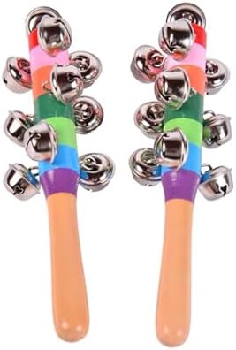 2 Pack Vivid Color Rainbow Handle Wooden Bells Jingle Stick Shaker Rattle 10 Jingle Bells Interactive Musical Bell - Image 2