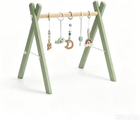 Wooden Baby Play Gym, Foldable Baby Gym Frame with Hanging Sensory Toys for Newborn, Tummy Time Playground(Green) by XYMERO-NaturalWondersBrighterMinds