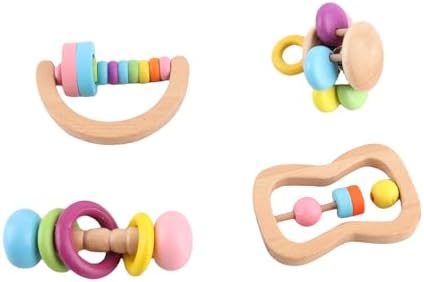 Keenso Wooden Baby Rattles 4pcs Beech Wood Newborn Grasping Toys with Colorful Design for Early Learning HandEye Coordination - Image 2