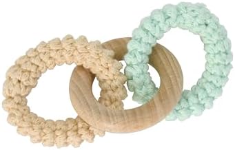 Montessori Interlocking Rings, Sensorial Material, Natural Beechwood & Cotton Sensorial Toy, 3 Months+ (Beige + Green) - Image 2