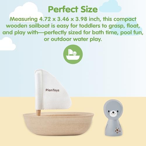 PlanToys® Wooden Sailing Boat with Seal, Kids Bath Time Water Play Toy Fun - Image 2