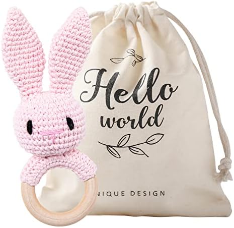 WOODEN TEETHER Crochet Baby Rattle, Crochet Baby Toys, Easter Bunny Rattle, Newborn Animal Rattle Toys,Knitted Stuffed Animals Gifts for Baby, Pink Bunny - Image 5