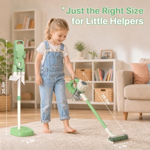 3-in-1 Kids Vacuum that Really Works - Toddler Vacuum Cleaner with Real Suction, Pretend Play Housekeeping & Cleaning Toy Set for Kids Ages 3+ (Green) - Image 7