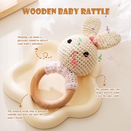 Chriswell Wooden Baby Rattle,Crochet Bunny Rattle with Wood Ring, Newborn Wooden Animal Rattle Toy,Infant Bunny Wood Rattle Toys,Bunny-2 - Image 2
