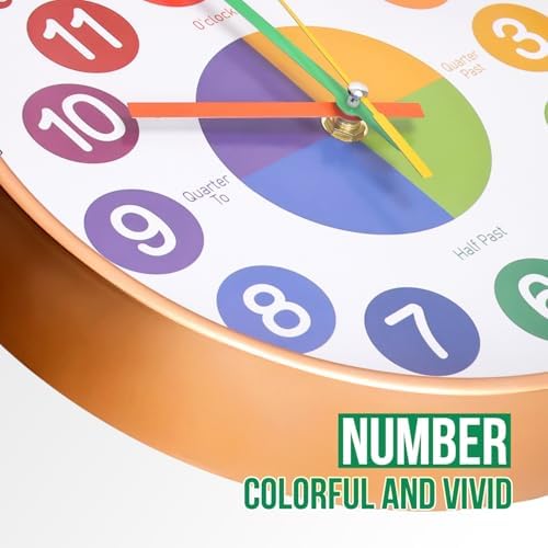 Kids Wall Clock Telling Time Silent Non-Ticking Learning Clock Colorful Teaching Wall Clocks Round Plastic Analog Educational Decor Clock for Classroom, Playroom (EDU1-Rose Gold, 10 inch) - Image 6