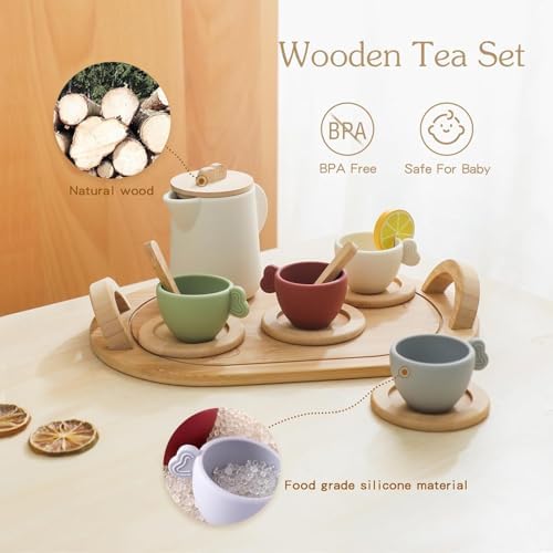 Enchanting Wooden Tea Party Set - Silicone Teapot, Cups & Carrying Scoop - Perfect for Little Girls' Tea Party & Kitchen Play - Toddler Gift - Image 2