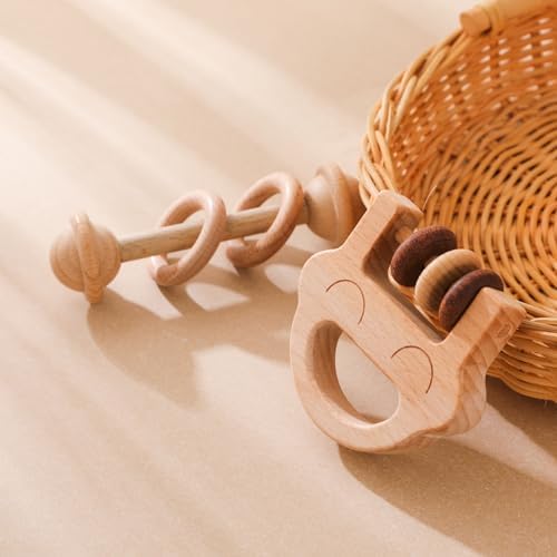 Wooden Baby Rattle, Newborn Wooden Rattle Toy, Natural Wooden Montessori Baby Grip Toy, Baby Gift Toy, Wooden Rattle Set 2PCS - Image 2