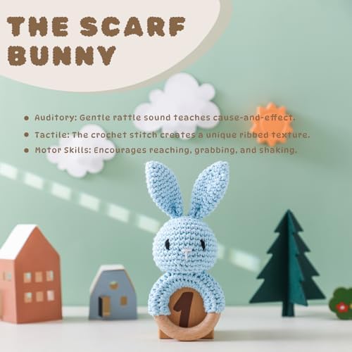 Moyii Natural Wooden Baby Rattle - Organic Crochet Bunny Teether Ring - Montessori Sensory Grasping Toy for Infants 0-12 Months, BPA-Free Handmade Newborn Shower Gift - Image 2