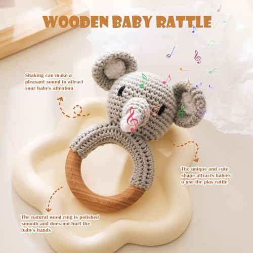 Wooden Baby Rattle,Crochet Elephant Rattle with Wood Ring, Newborn Wooden Animal Rattle Toy,Infant Elephant Wood Rattle Toys - Image 2