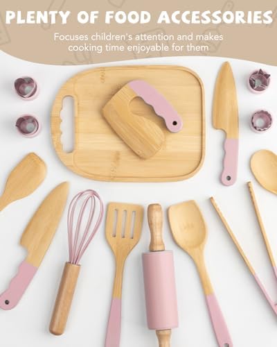 Wooden Kids Cooking Set Montessori Kit - Real Toddler Kitchen Tools & Baking Utensils - 30PCS Cooking Kit for Kids with Storage Bag, Great Gift for Pretend Play & Montessori Learning (Pink) - Image 6