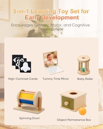 Montessori Toys for Babies 0-6 6-12 Months, Sensory Developmental Baby Toys, Tummy Time Toy - 5 in 1 Wooden Learning Toy Set, High Contrast Cards, Mirror & Spinning Drum for Newborn Infant Gift - Image 2