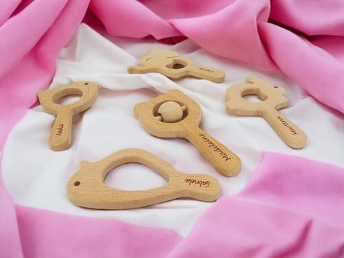 Personalized Wooden Baby Teether Rattle Set as a First Birthday Gift, ustomizable Newborn Baby Rattle Teether Baby Shower Gift, Welcome Baby Gift, 5 Pieces Montessori Wooden Babies Toys 0-6 Months - Image 2