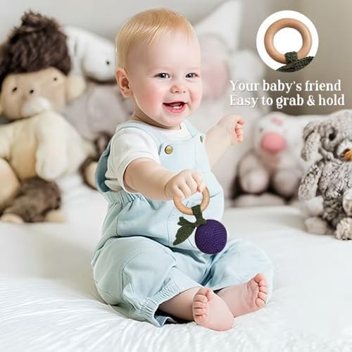 Wooden Baby Rattle Toys Stuffed Crochet Rattle with Teether Ring for Newborn Babies Fruit Wooden Teether Toy Infant Toddler Handcrafted Crochet Rattles Cute Shower Gifts for Boy and Girls - Image 7