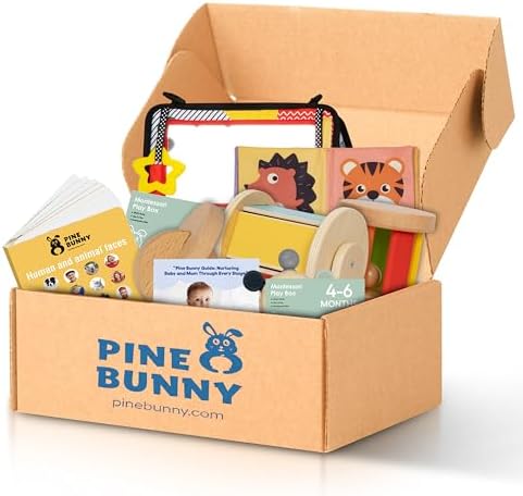 Pine Bunny Montessori Wooden 9-in-1 Toy Set for 4+ Months, Silicone Teether, Interlocking Discs, Mirror Toy, Wooden Bell Cylinder, Cloth Book, Spinning Drum, Educational Learning Sensory Development - Image 7