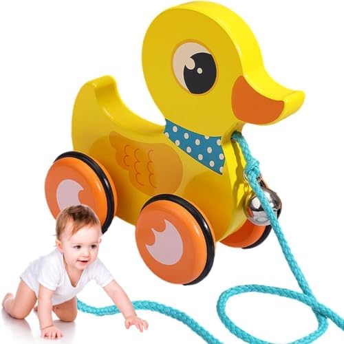 Pull Toy, Baby Pull Toy, Wooden with Bell & Non-Slip Wheel, Interactive Duck for 1-3 Year Olds, Develops Mobility, Balance & Hand Eye Coordination Skills, Yellow - Image 2