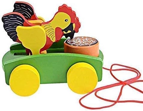 Wooden Pull Along Cock ( Hen ) Toy Car Walking Vehicles with Attached String for Toddlers Kids Multicolor - Image 2