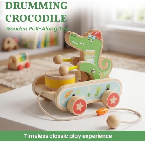 Wooden Push Toys for Toddlers 1-3, Crocodile Beating Drum Walking Pull Toy - Image 6