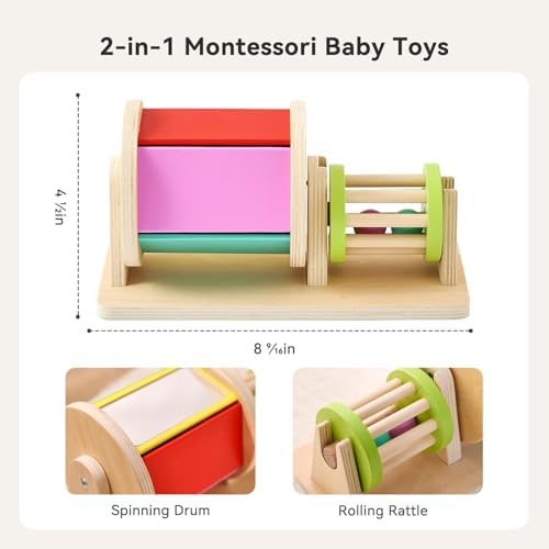 IEATFO Tummy Time Play Set | Large Baby Safe Mirror and Card Display Stand | Wooden Spinning Drum & Rolling Rattle - Image 7