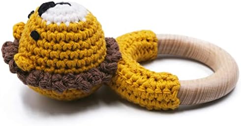 Joliecraft Woodland Friends Baby Rattle Shaker Toy with Wooden Teething Ring for Infants 3 6 9 12 Months Crochet Lion - Image 2