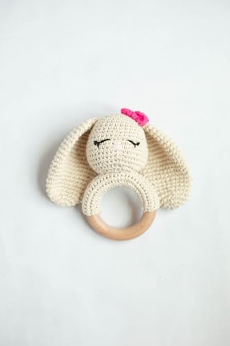 Wooden Baby Rattle - Bunny - Newborn - Crochet - Cream, White, Pink - Image 2