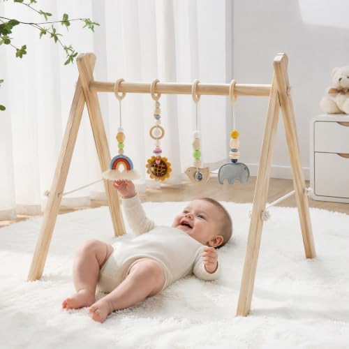 Wooden Baby Gym with 4 Handmade Hanging Toys, Natural Solid Wood Non-Toxic Play Gym for Tummy Time, Foldable Baby Activity Center for 0-12 Months, Baby Shower Gift - Image 7