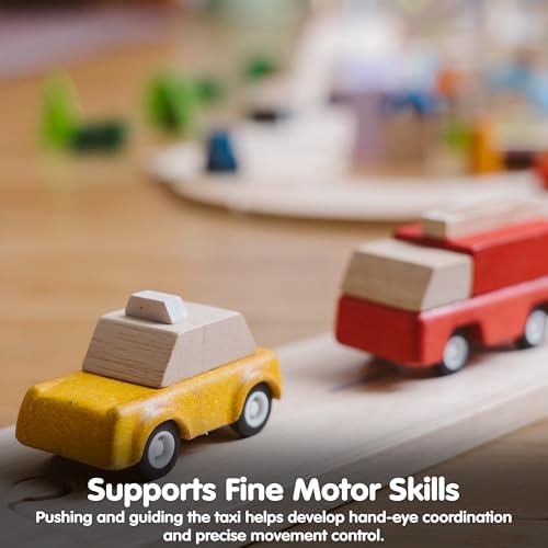 PlanToys® Yellow Taxicab Wooden Montessori Vehicle Kids Indoor Play Toy Set - Image 7