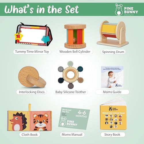 Pine Bunny Montessori Wooden 9-in-1 Toy Set for 4+ Months, Silicone Teether, Interlocking Discs, Mirror Toy, Wooden Bell Cylinder, Cloth Book, Spinning Drum, Educational Learning Sensory Development - Image 2