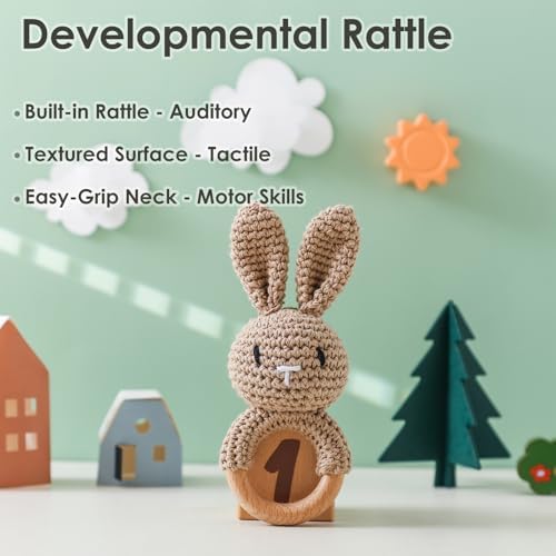 Baby Crochet Rattle Toy - Hand-Knitted Animal Bunny Teether with Soft Bell, Montessori Sensory Toy for Infants 0-36 Months, Natural Wood Teething Ring, Ideal Newborn Keepsake Gift - Image 2