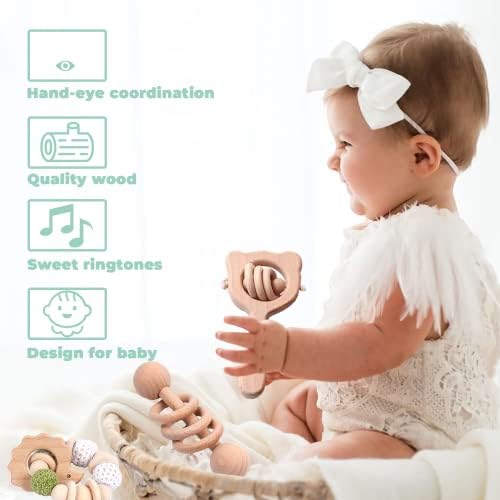 6 Pieces Toy Set- Wooden Baby Toys for Babies 0-6 Months,Wooden Toys for Babies Rattles with Bells,Wooden Rattles Push Car,Wood Rattle Toys Gifts for Boys Girls,Montessori Toys for Babies 0-6 Months - Image 2