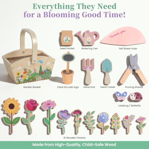WOODENFUN Wooden Pretend Play Toys for Kids, 22Pcs Flower Garden Playset - Image 2