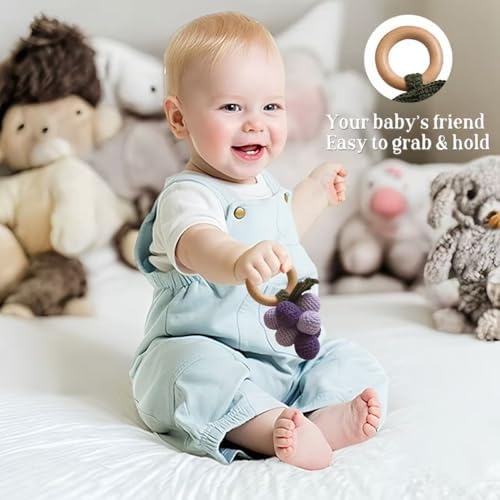 Wooden Baby Rattle Toys Stuffed Crochet Rattle with Teether Ring for Newborn Babies Fruit Wooden Teether Toy Infant Toddler Handcrafted Crochet Rattles Cute Shower Gifts for Boy and Girls - Image 7