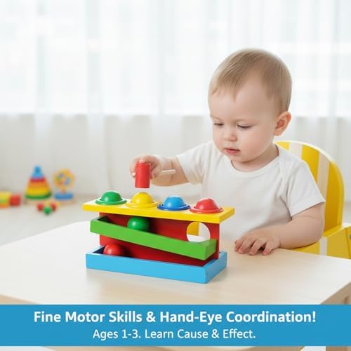 Wooden Montessori Toy for Toddlers 1-3, Hammer Toy, Pounding Bench with Colorful Balls for Hand-Eye Coordination & Fine Motor Skills Development - Image 4