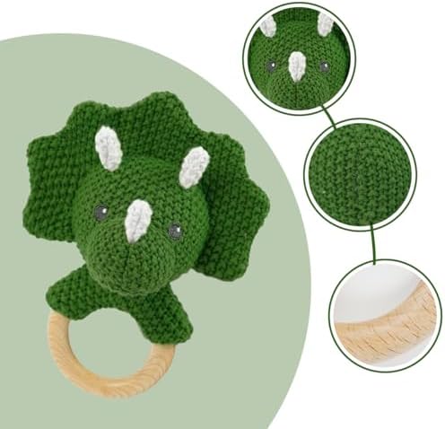 Baby Toys Stuffed Animals Handbell,Triceratops Rattle Toy Wooden Rattle Toys for Baby,Knit Stuffed Animal Cute Rattle with Teether Ring Newborn Birthday Gifts(Triceratops) - Image 2