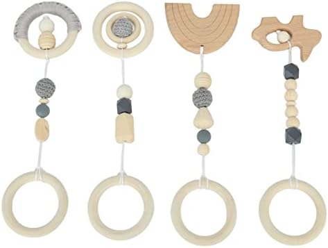 Baby Gym, 4Pcs Wooden Hanging Toys for Newborns, Play Gym Toys with Activity Nursing Rings for 0-6 Months (Gray) - Image 2