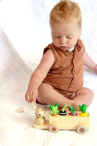 Adventure Awaits! Wooden Rabbit Pull Cart Farm Toy with Removeable Vegetables for Toddlers | Kids Montessori Easter Bunny Shape Sorting Car - Image 2