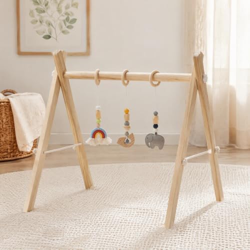 Wooden Baby Gym with 3 Handmade Hanging Toys, Natural Solid Wood Baby Play Gym for Tummy Time & Sensory Play, Foldable No-Tools Activity Gym for Babies 0-12 Months, Baby Shower Gift - Image 2