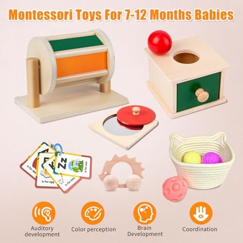 Montessori Educational Toys for Babies 7-12 Months, 7 in 1 Early Learning Educational Kit for Toddlers Gifts, Includes Spinning Drum, Permanent Box, Red Mirror Knob Puzzle, Hedgehog Rattle and More - Image 2