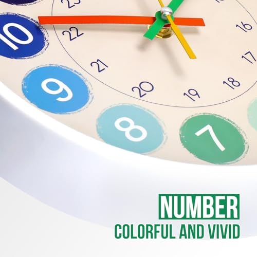 Kids Wall Clock Telling Time Silent Non-Ticking Learning Clock Colorful Teaching Wall Clocks Round Plastic Analog Educational Decor Clock for Classroom, Playroom, Bedroom(EDU3-White, 10 inch) - Image 6