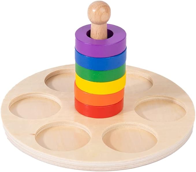 Adena Montessori Wooden 6 Rings on Peg Stacking and Sorting Ring, Wooden Rainbow Stacking Rings Baby Toy, Stacker Toys for Infants and Toddlers, Wood Educational Developmental Toy Multicolor