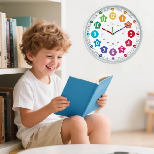 HZDHCLH Kids Wall Clock for Learning to Tell Time 10 Inch Silent Non Ticking Analog Clock with Colorful Shape Numbers Battery Operated Educational Clock for Classroom, Bedroom, Homeschool(Silver) - Image 7