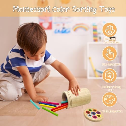 Wooden Montessori Sticks Toys for Kids, 8 Colors Natural Wood Toddler Learning Sorting Toys for 3 Year Old, Sensory Matching Game Birthday Gifts for Boys Girls (Round Sticks) - Image 2