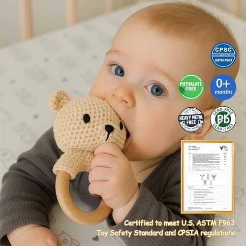 Baby Rattle Toy Teddy Bear Hand Crochet Knitted Plush Stuffed Animal Teether Natural Wood Ring Cute Bear 6 Month Baby Gift Gentle Sound Shaker Newborn Infant Crib Soothing Sleep Aid Gift - Image 2