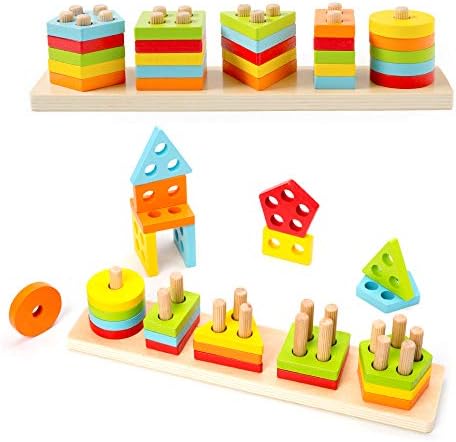 WOOD CITY Montessori Wooden Shape Sorter & Stacking Blocks, Sensory Toddler Toys for Early Learning, Fine Motor Skill Development, Birthday Gift Set for Toddler Boys and Girls - Image 2