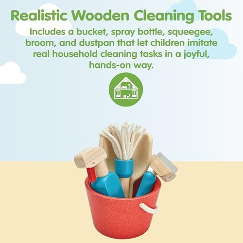 PlanToys® Cleaning Set | Montessori Wooden Housekeeping Play Set for Kids | Includes Broom, Mop, Dustpan, Bucket & Duster | Eco-Friendly Pretend Play Toy for Practical Life Skills & Responsibility - Image 2