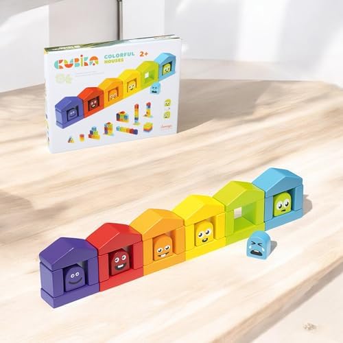 CUBIKA Wooden Construction Set Colorful Houses – 24-Piece Construction Play Set with Emotion Characters for Toddlers 2+– Montessori Toy for Creativity, Cognitive Development, and Emotion Recognition - Image 2