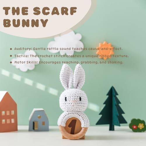 Moyii Natural Wooden Baby Rattle - Organic Crochet Bunny Teether Ring - Montessori Sensory Grasping Toy for Infants 0-12 Months, BPA-Free Handmade Newborn Shower Gift - Image 2
