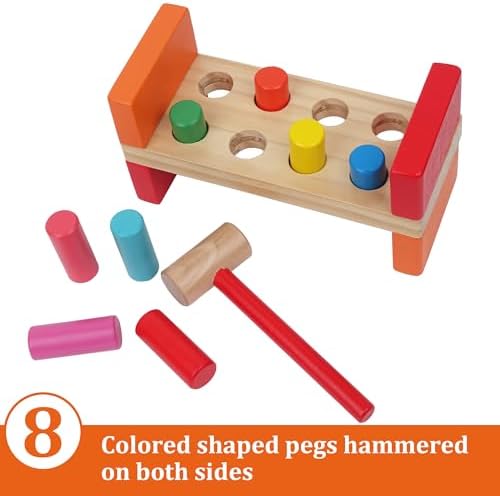 Hidoggy Wooden Hammer Toy for Toddlers 1-3, Montessori Pounding Bench Toy with 8 Pegs and Mallet for Hand-Eye Coordination, STEAM Toddler Toy - Image 2