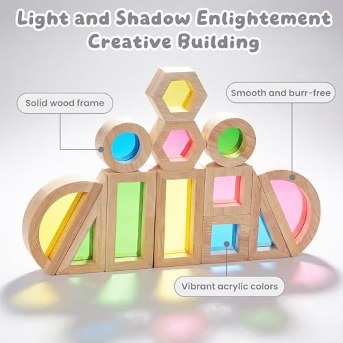 WOODENFUN Wooden Building Blocks Set for Kids, 12 Pcs Rainbow Stacker Game - Image 2