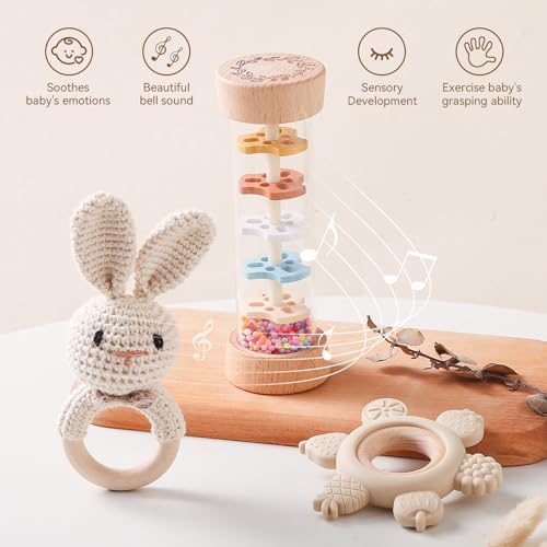 Youuys Wooden Baby Rattle Set (3pcs) - Crochet Rattle Rain Stick Teething Toys, Wooden Montessori Toy for Newborn Infant Baby Rattles Set Toys 3-6-12 Months (Bunny) - Image 2