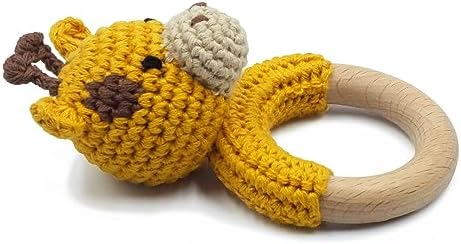 Joliecraft Safari Animals Wooden Baby Rattle Toys Stuffed Crochet Rattle with Teether Ring for Newborn, Giraffe - Image 2